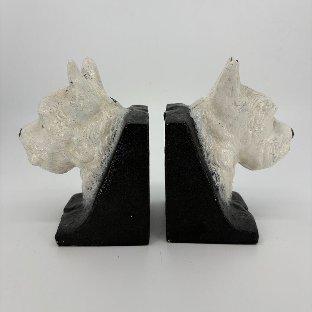 Vintage Cast Iron Scottie Dog Bookends Pair White Terrier White - Picture 2 of 10